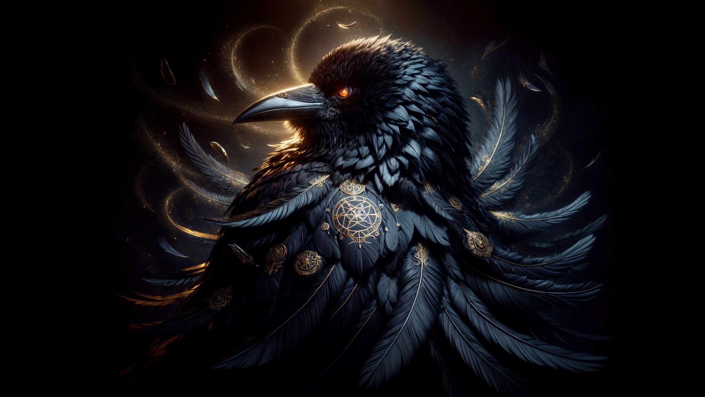 Majestic raven with glowing eyes in mystical setting