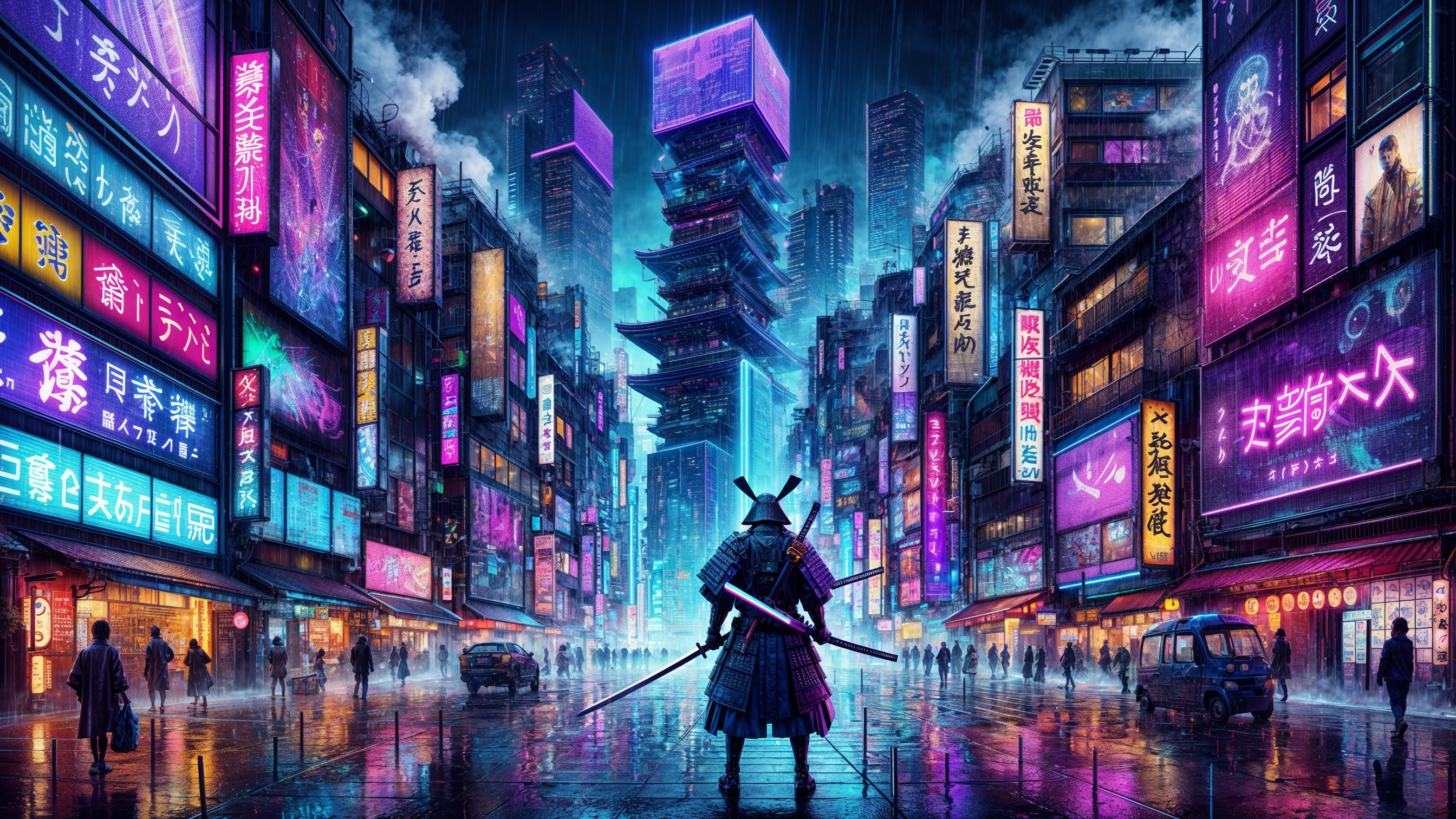 Futuristic Rainy Urban Landscape with Samurai Figure