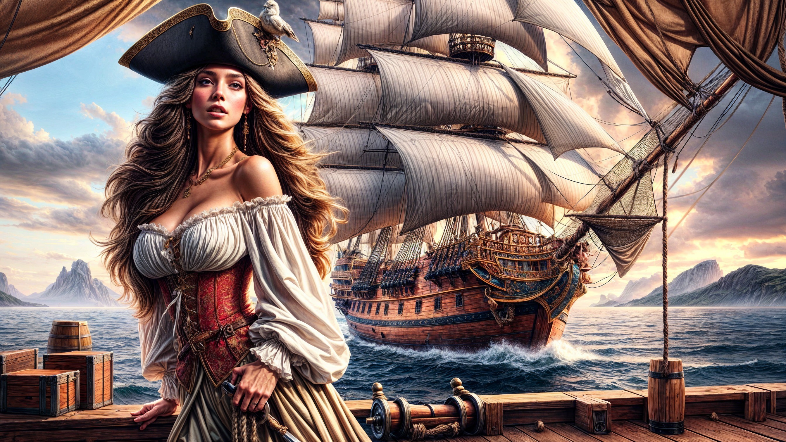 Pirate Woman on Ship Deck with Dramatic Sky Background