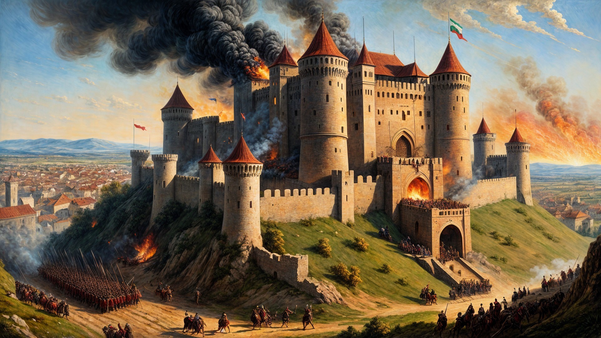 Medieval Fortress Under Siege with Smoke and Flames
