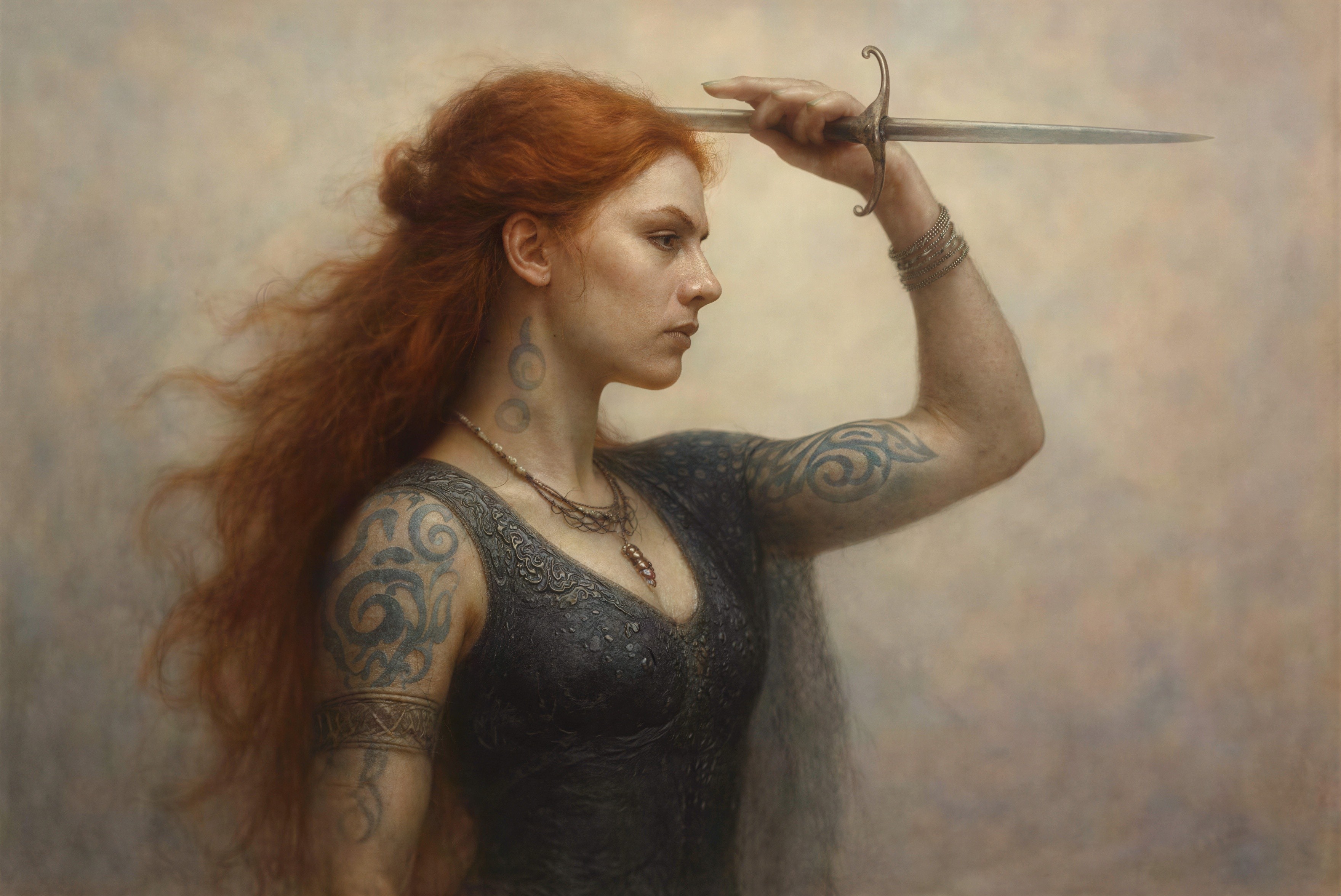 Female warrior with red hair and blue tattoos in dress