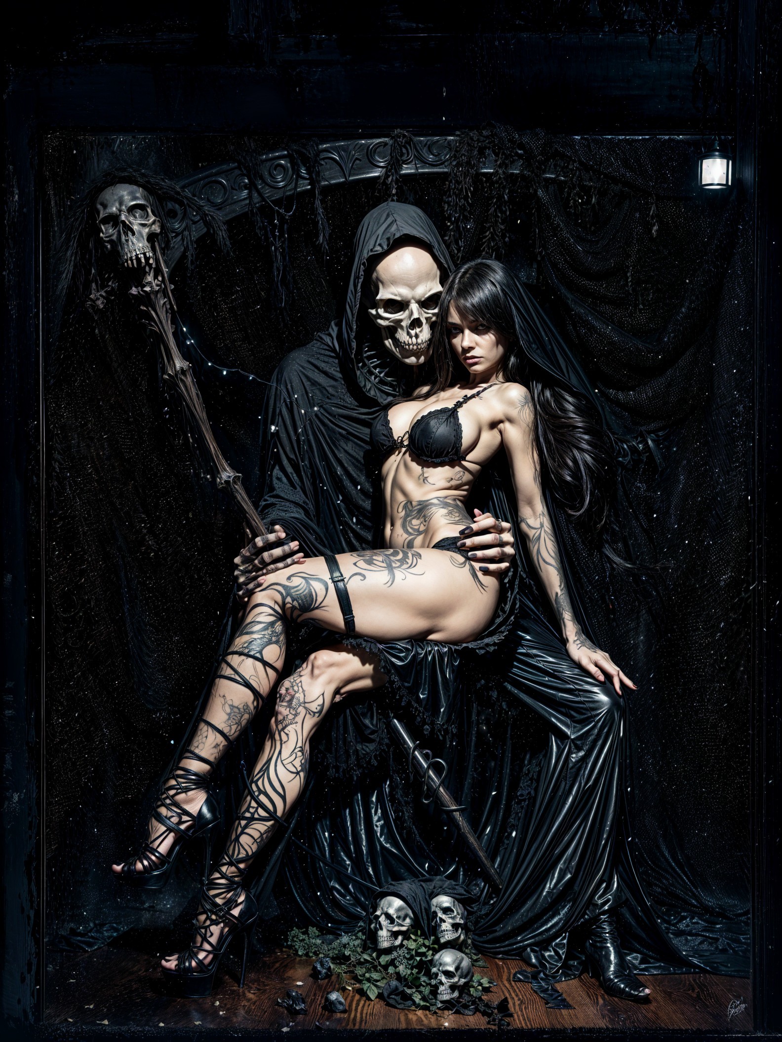 Contrast of Dark and Sensual Elements in Visual Art