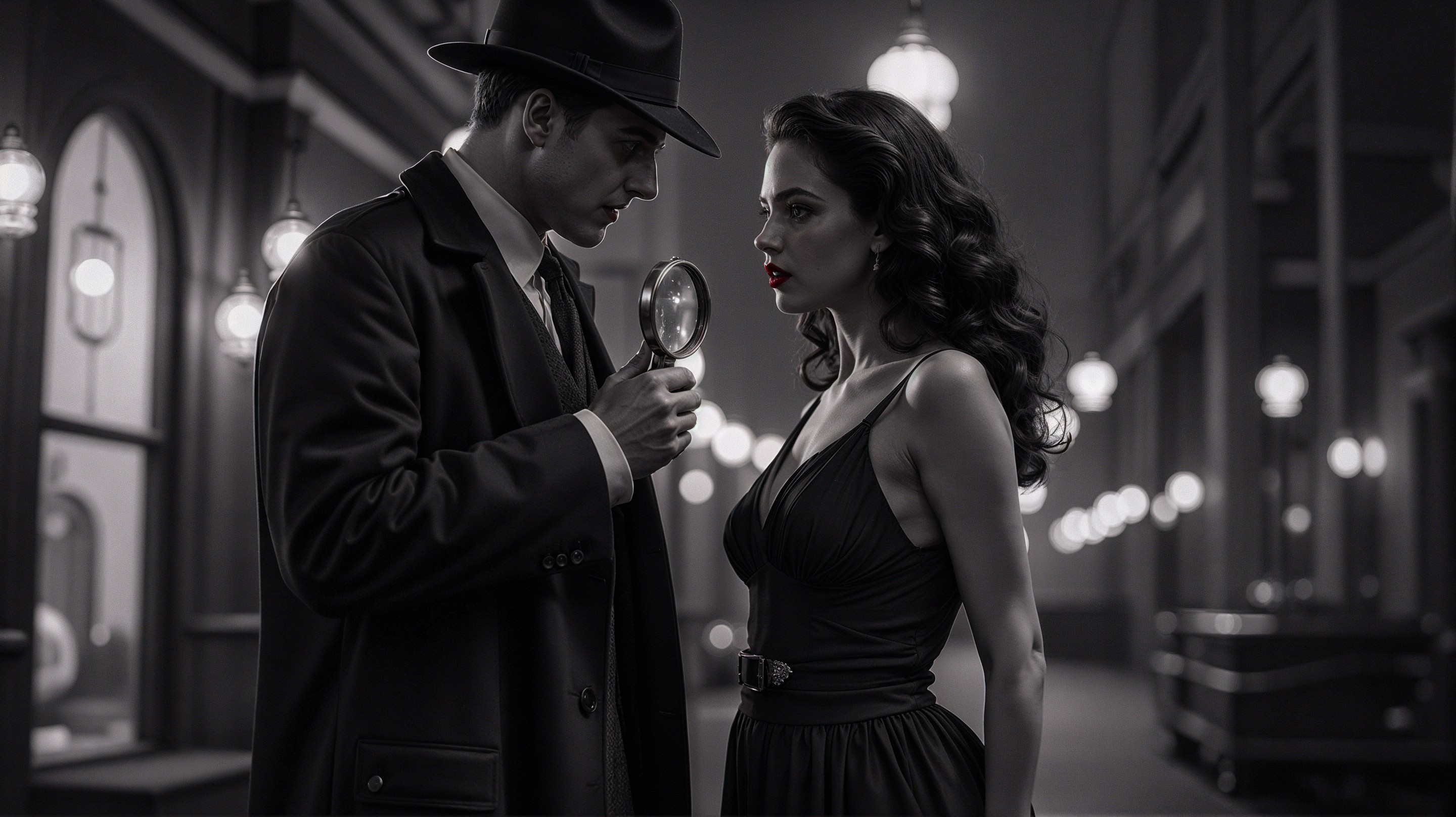 Noir Scene of Intrigue Between Two Elegantly Dressed Figures