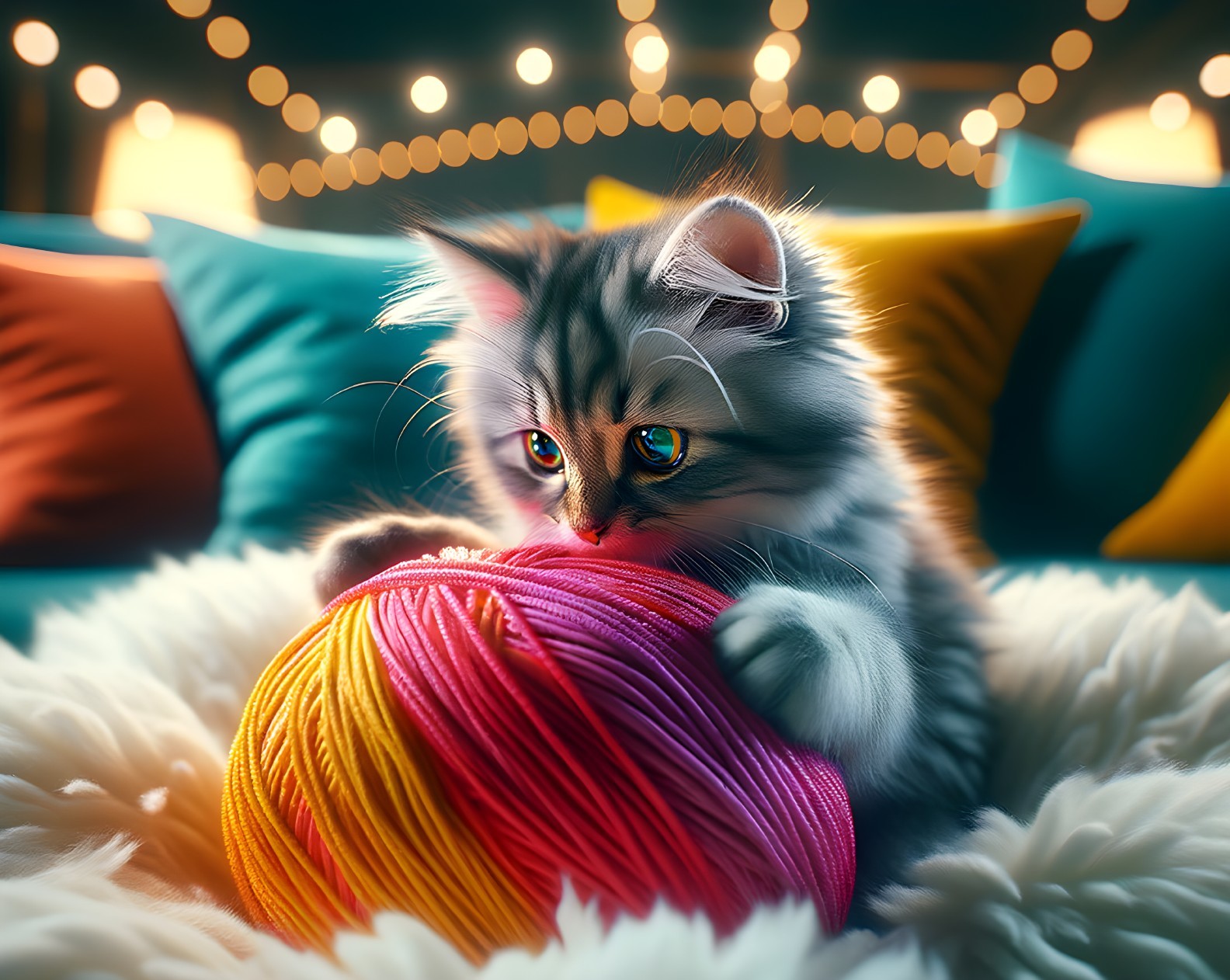 Fluffy Kitten Playing with Yarn in Cozy Setting