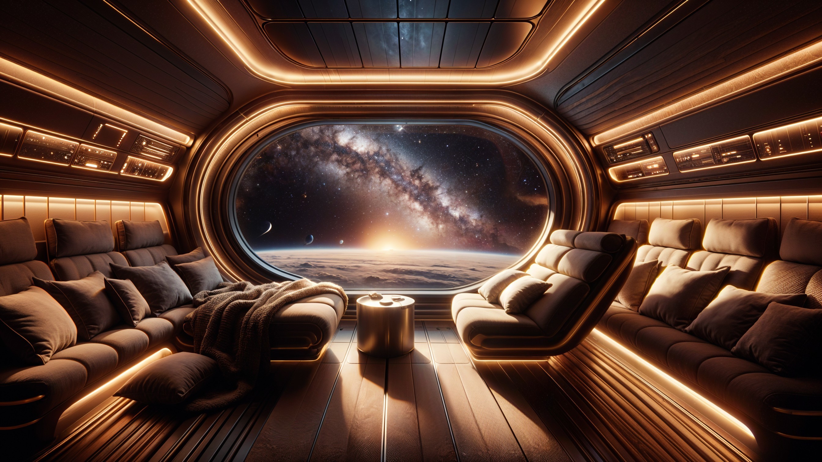 Futuristic lounge interior with galaxy view and cozy decor