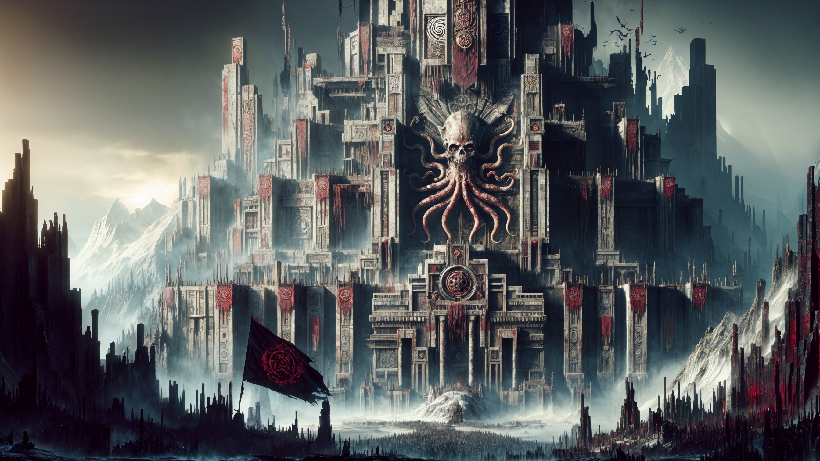 Ancient Fortress with Intricate Carvings and Dark Vibes