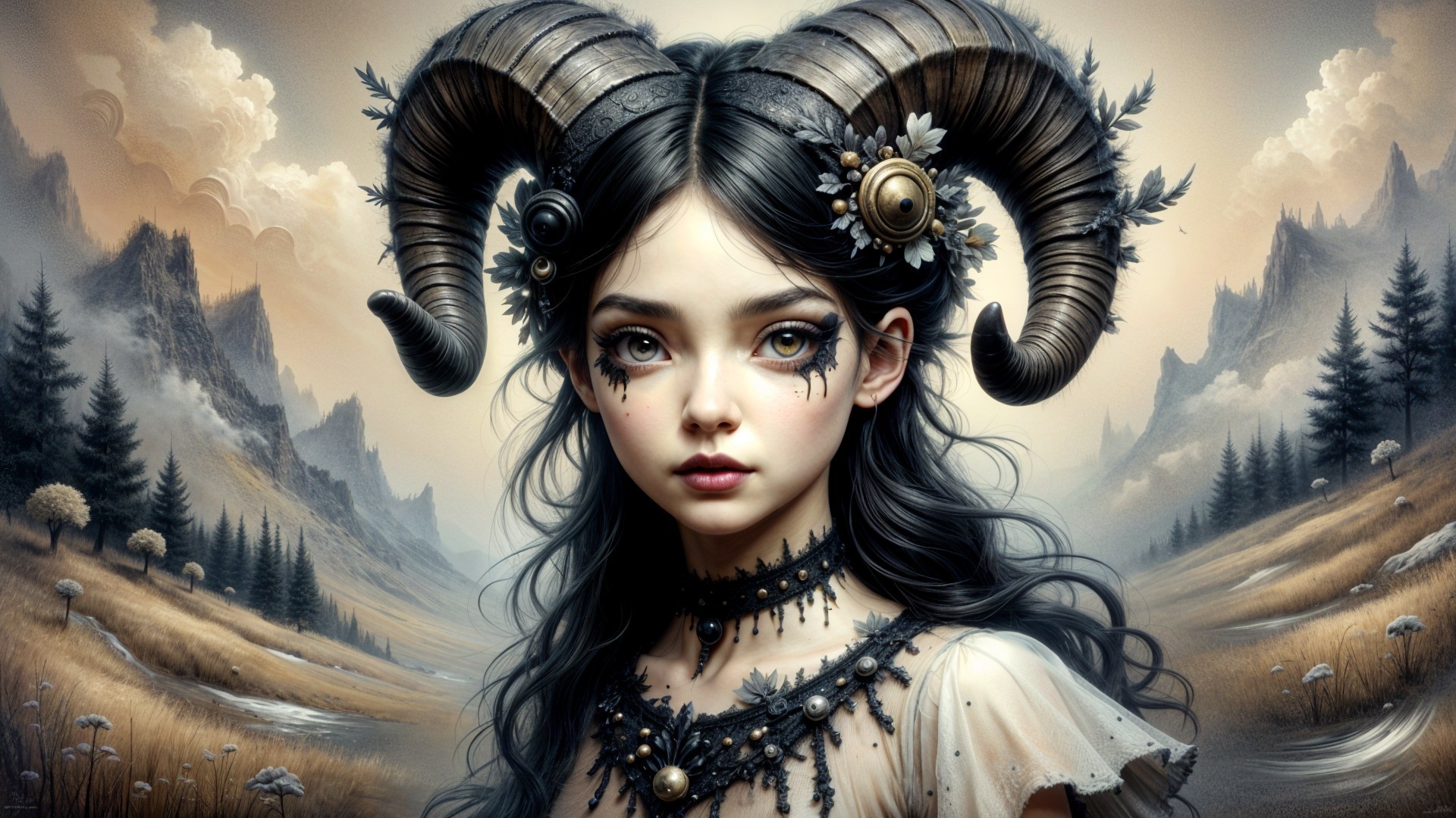 Mystical Girl with Ram Horns in Dreamy Landscape