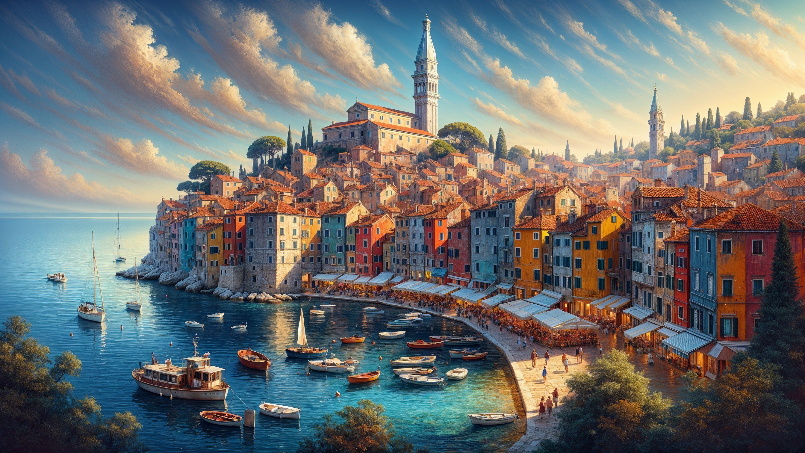 Coastal Town with Colorful Buildings and Harbor Scene