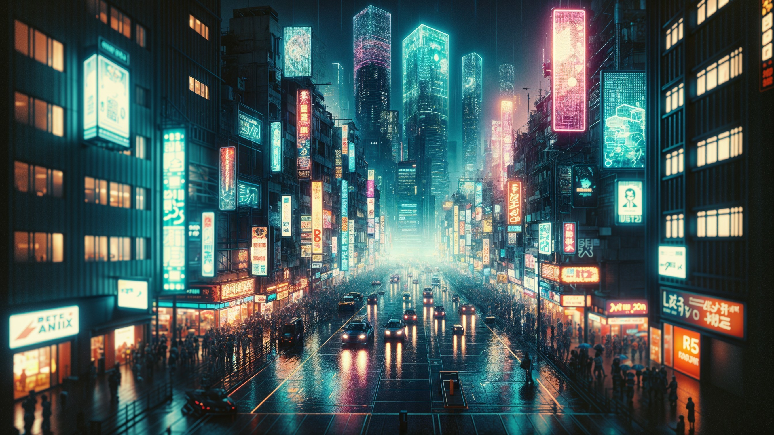 Futuristic Night Cityscape with Neon Lights and Holograms
