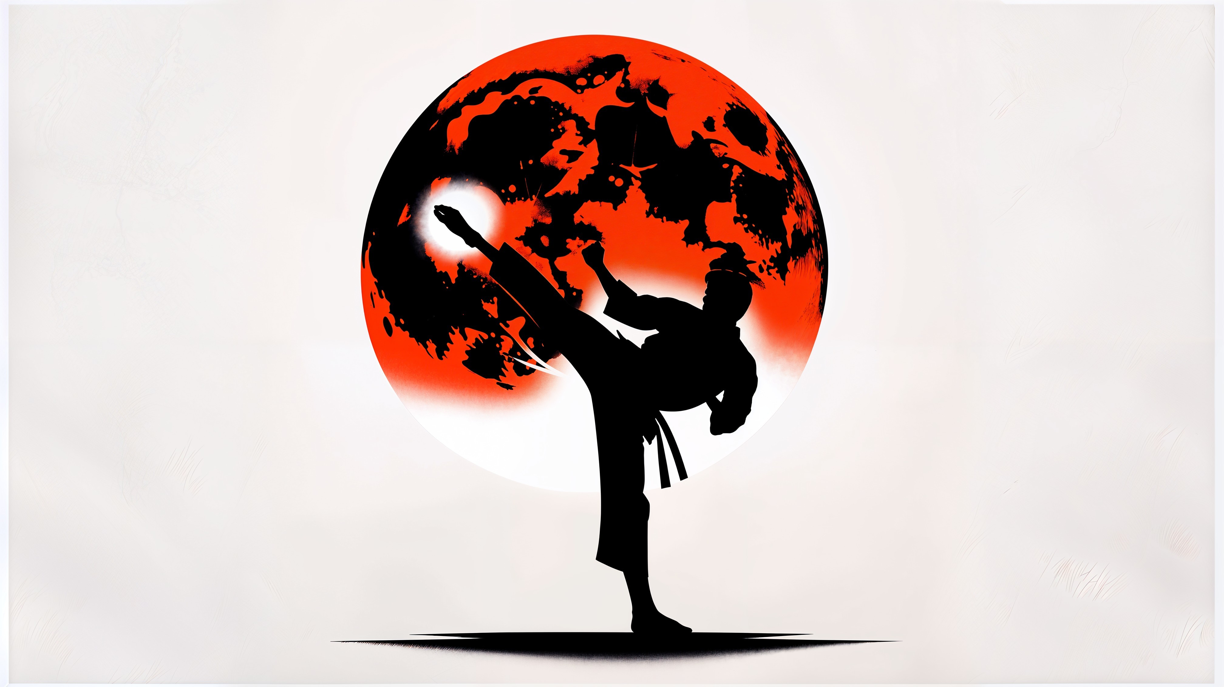 Martial Artist Silhouette Against Red Moon Background