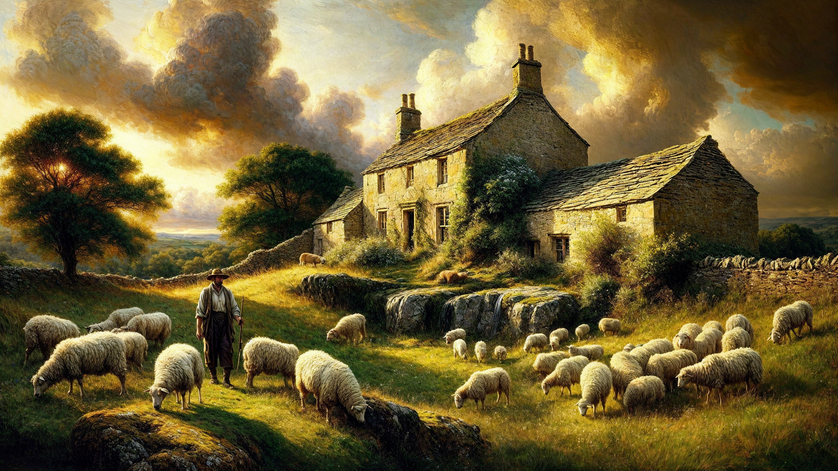 Tranquil Rural Scene with Cottage and Grazing Sheep