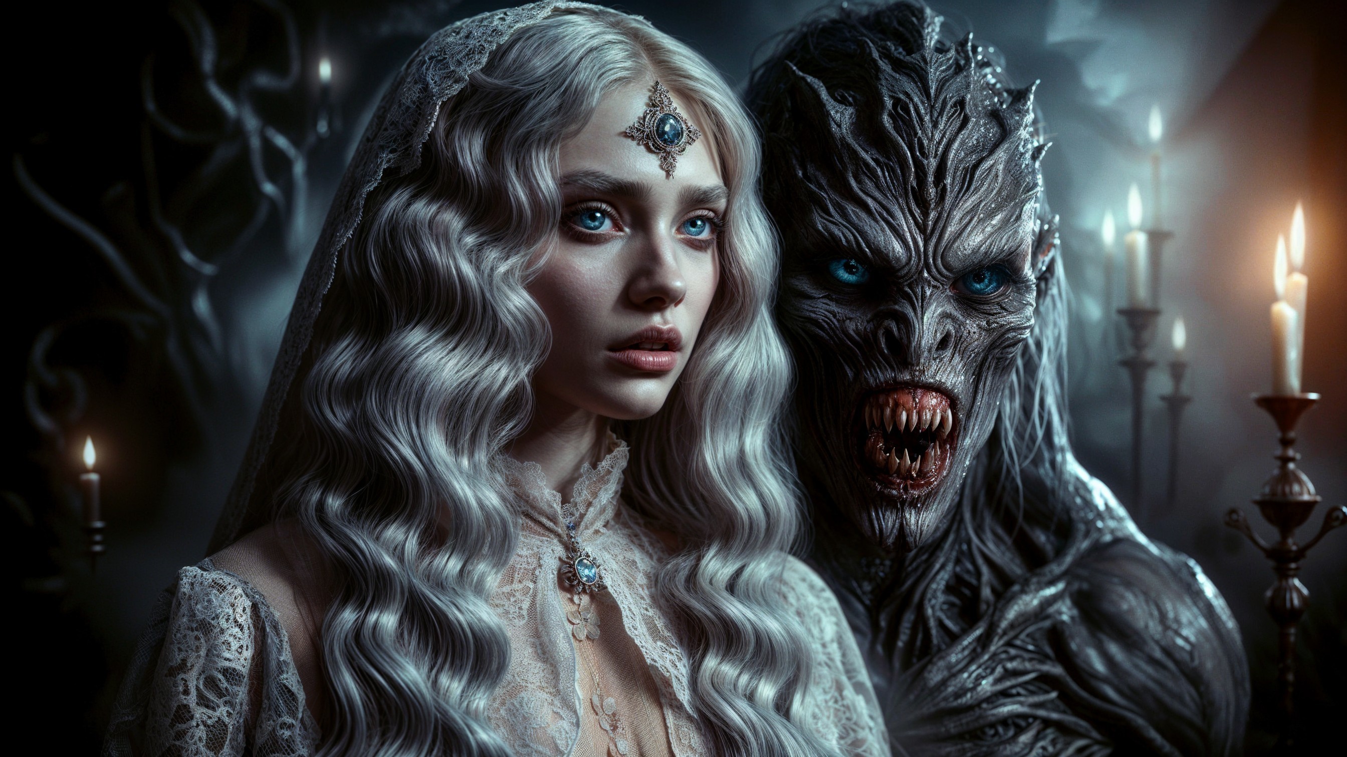 Beautiful Woman and Menacing Creature in Dark Setting