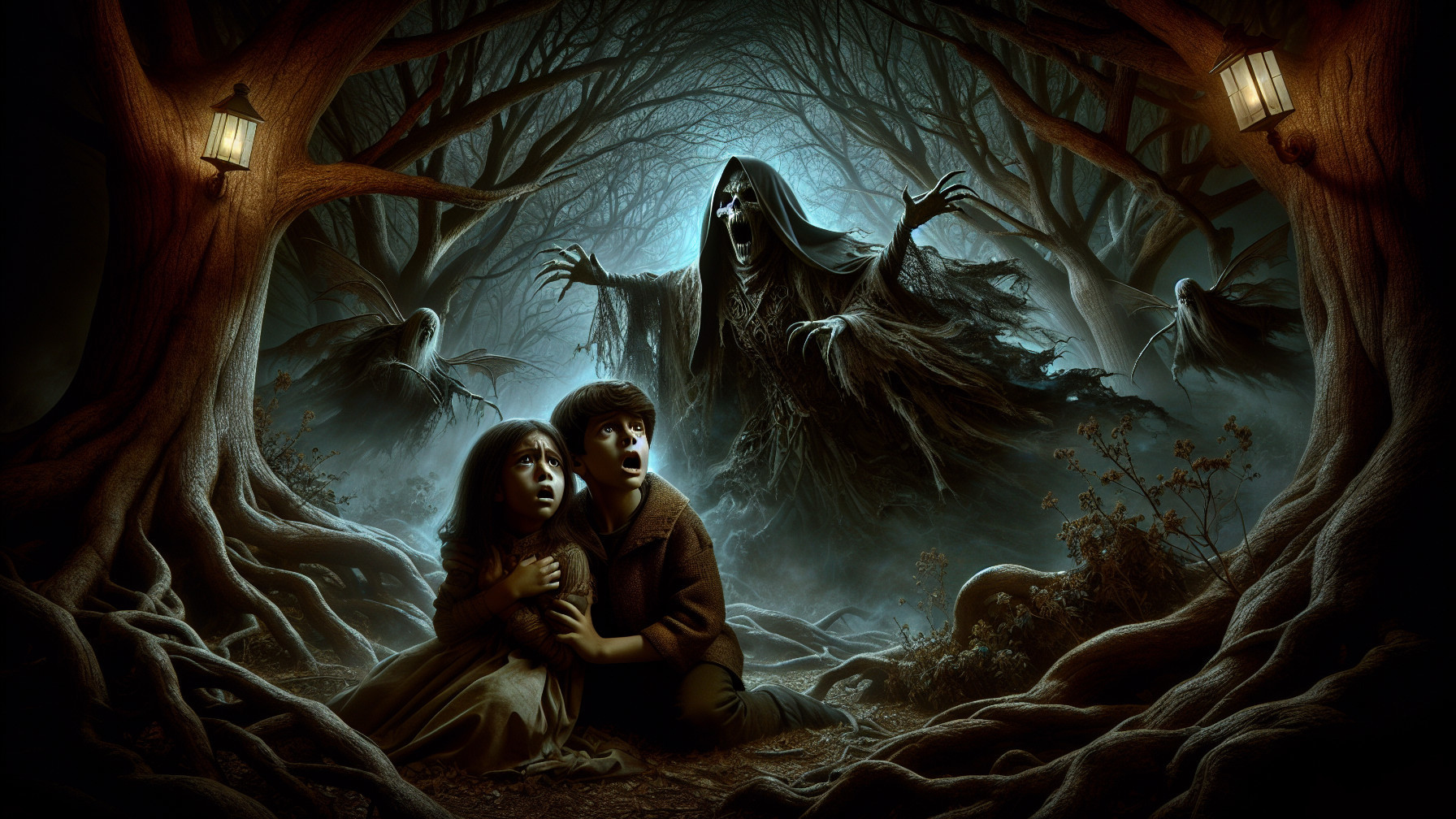 Eerie Forest Scene with Frightened Children and Shadows