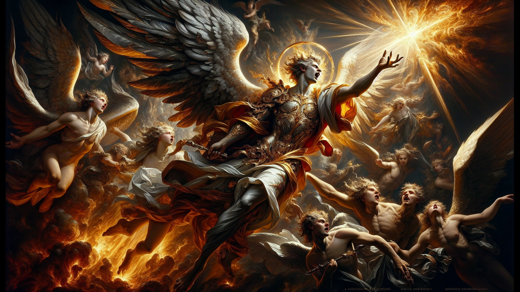 Majestic Angel in Ornate Armor Amidst Celestial Battle