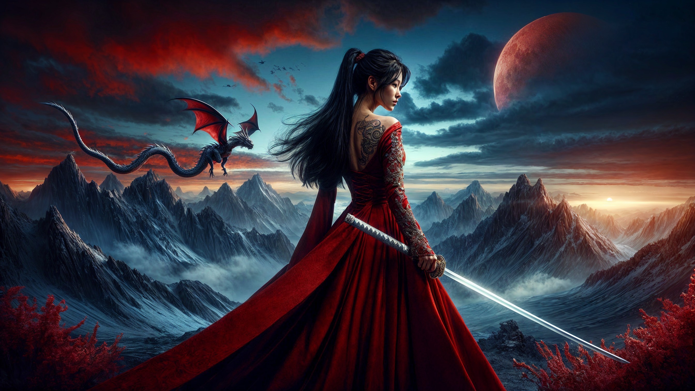 Fierce Warrior in Dramatic Mountain Landscape