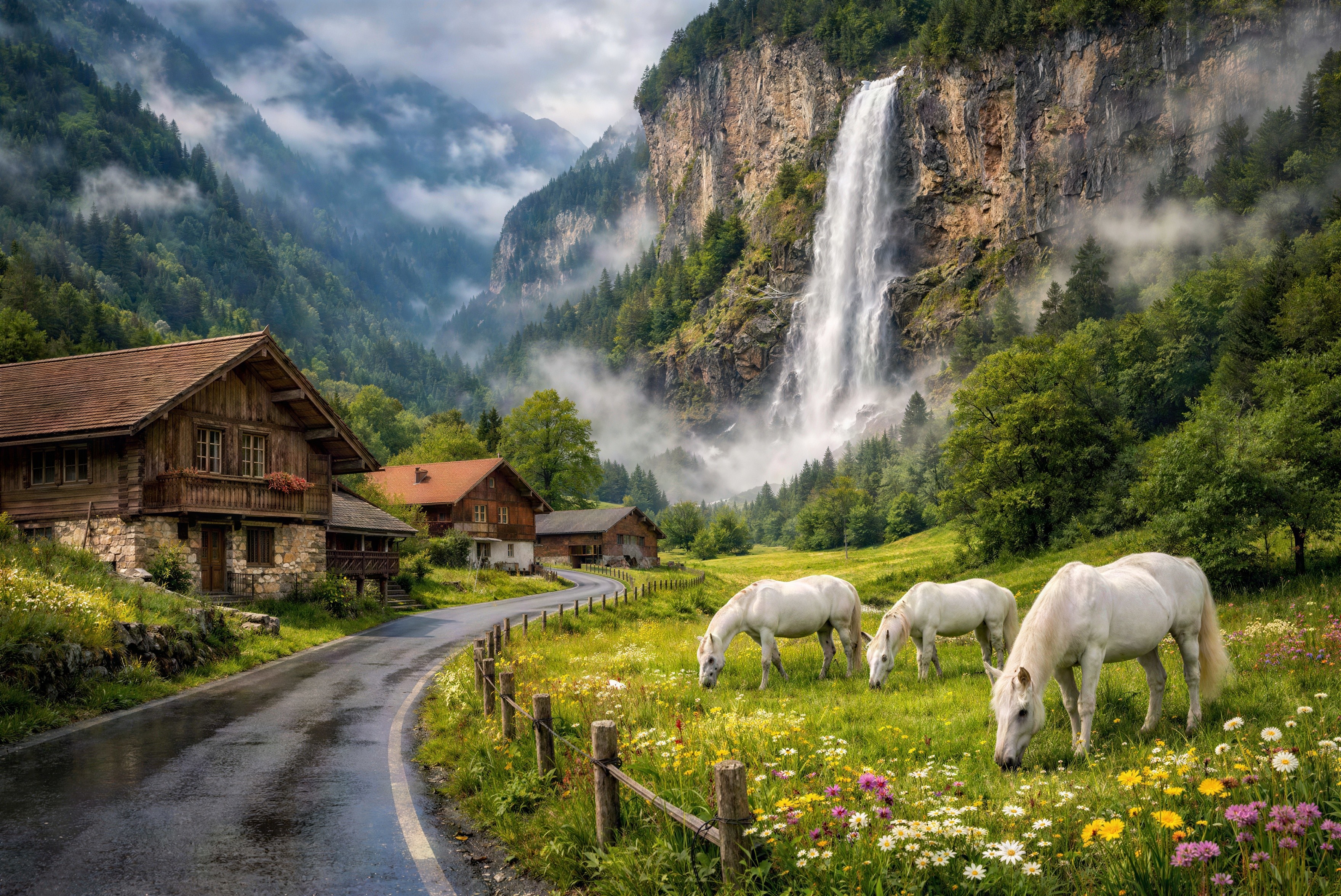 Scenic Rural Landscape with Waterfall and Horses