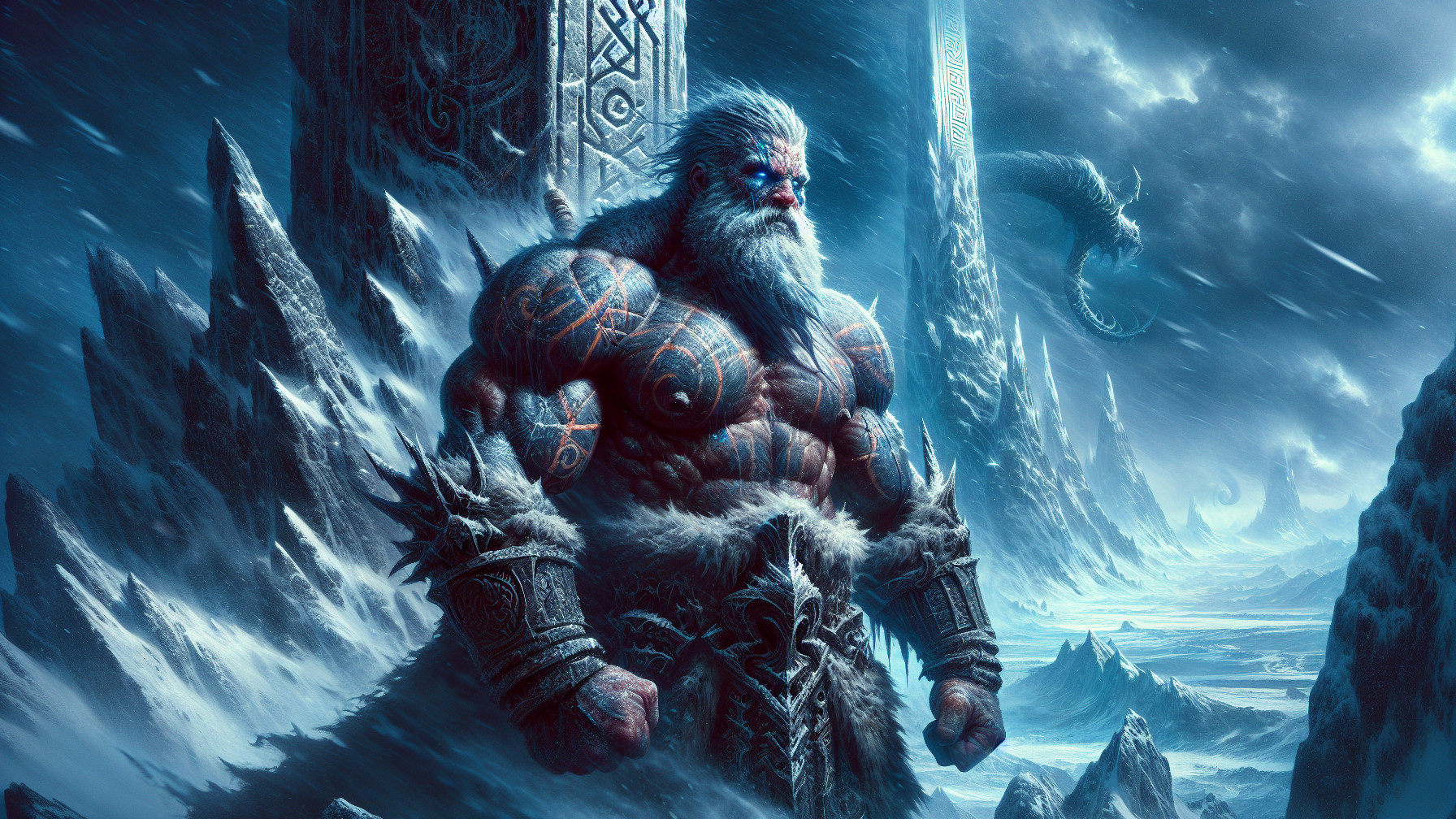 Muscular Figure in Frozen Landscape with Dragon and Mountains