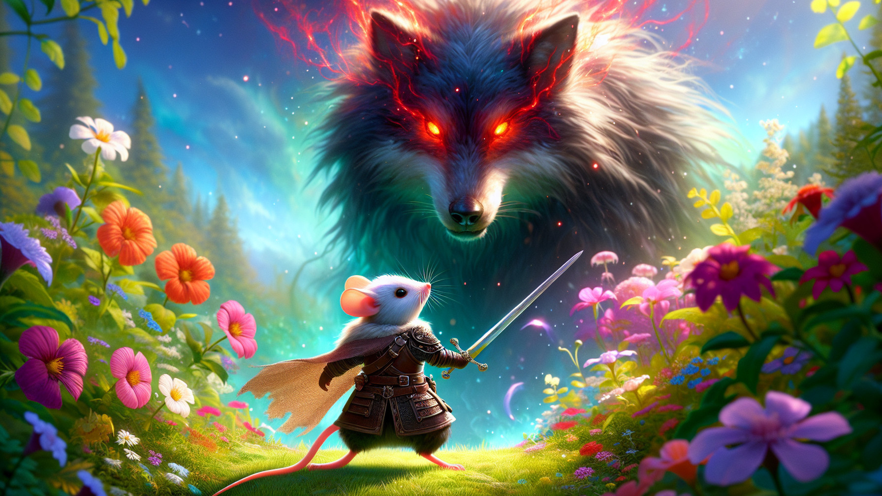 Courageous Mouse Faces Majestic Wolf in Enchanted Forest