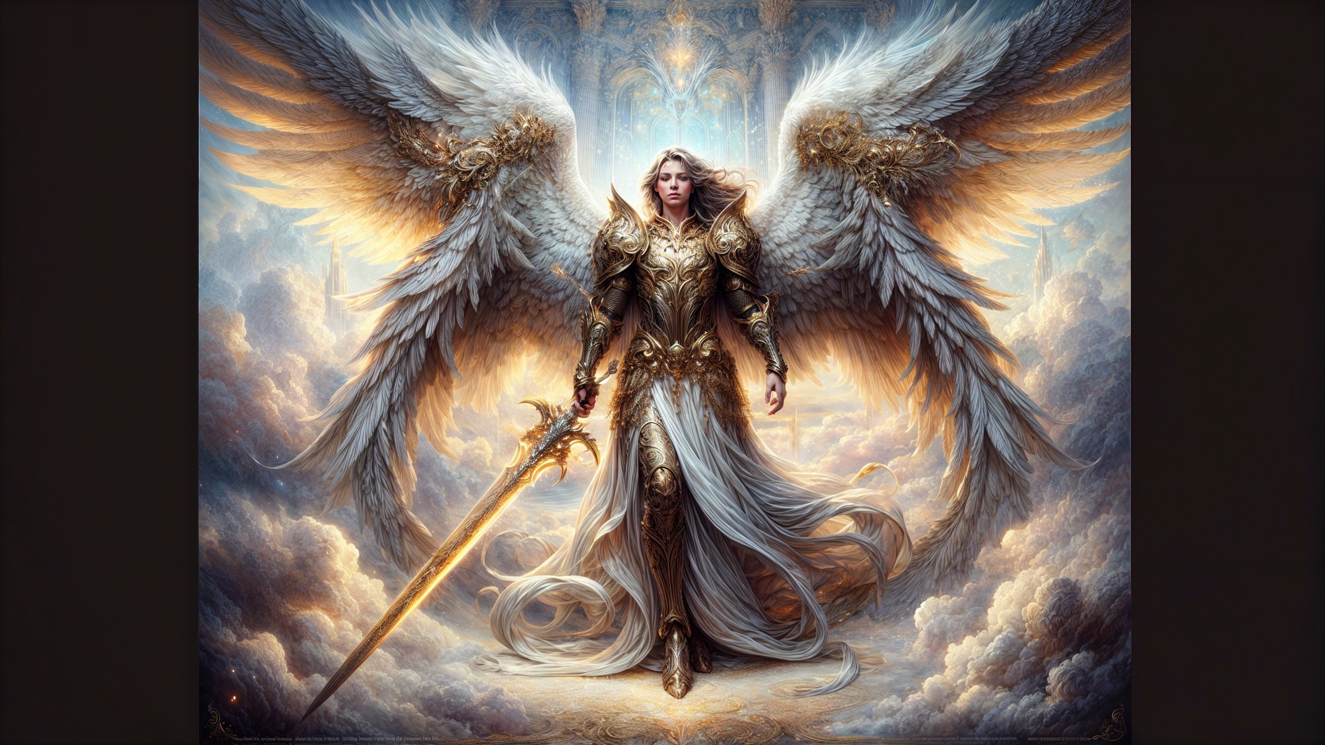Majestic angelic figure with detailed wings and sword