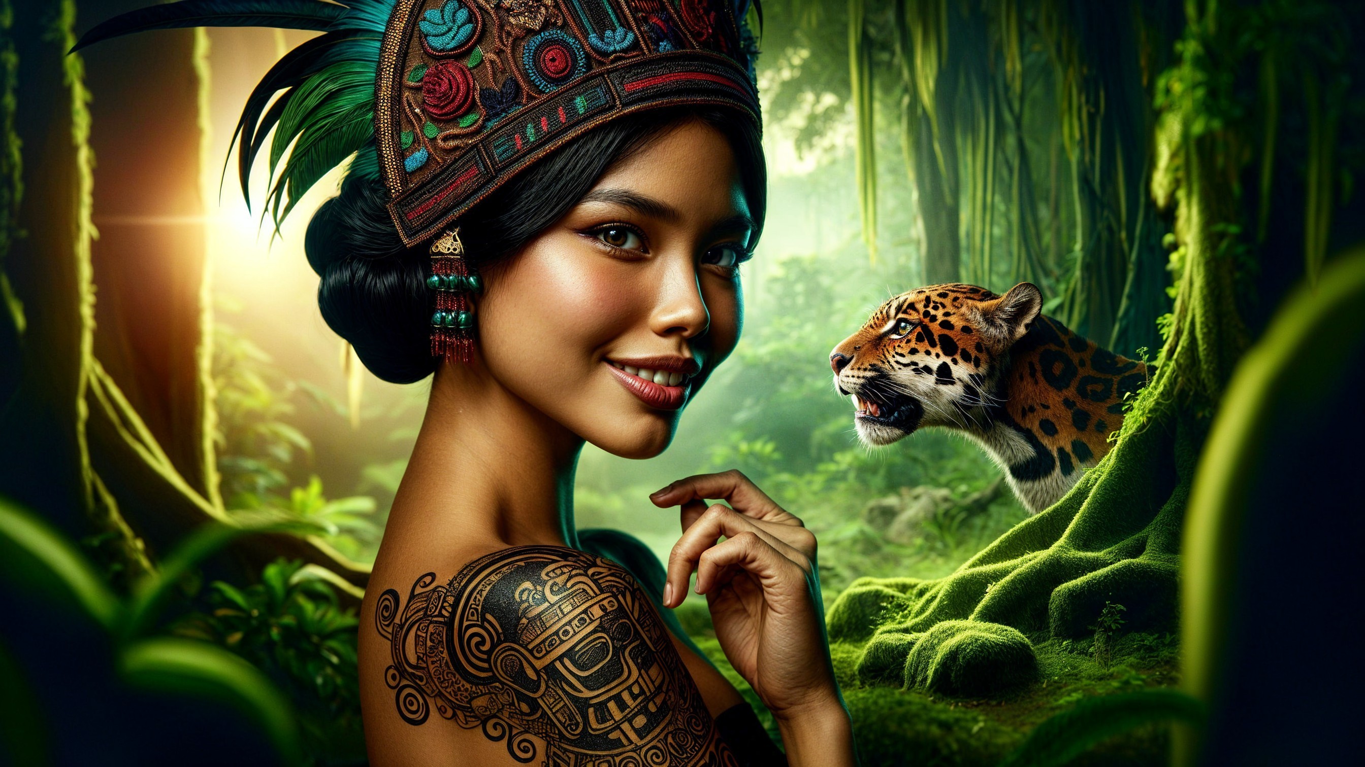 Woman in Traditional Attire with Jaguar in Jungle Setting
