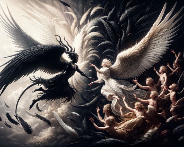 Celestial Scene of Light and Darkness with Winged Figures