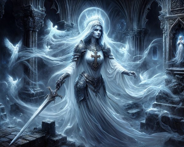 Ethereal Figure in White Robes in Gothic Setting