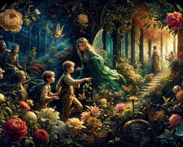 Whimsical Garden with Fairy, Children, and Butterflies