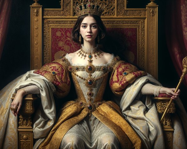 Regal figure on ornate throne with lavish gown and crown