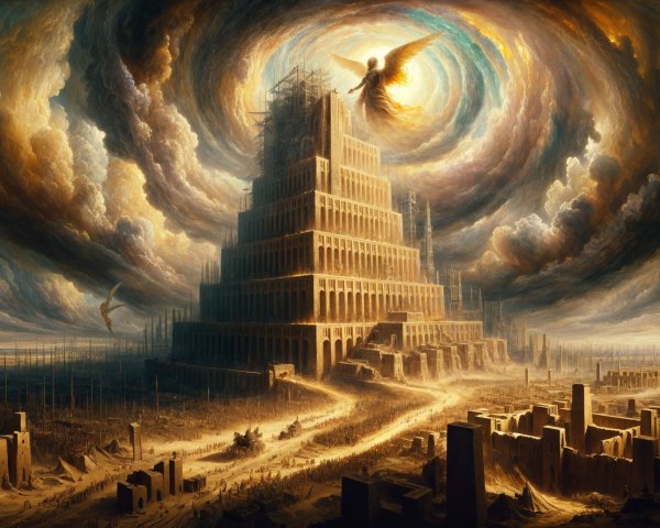 Towering Structure with Angelic Figure and Landscape