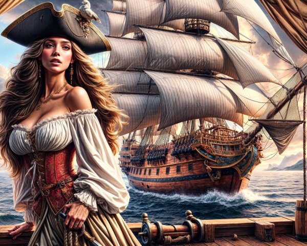 Pirate Woman on Ship Deck with Dramatic Sky Background