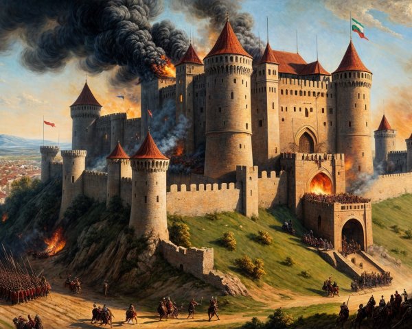 Medieval Fortress Under Siege with Smoke and Flames