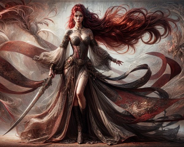 Fierce warrior in ornate gown with sword and vibrant hair