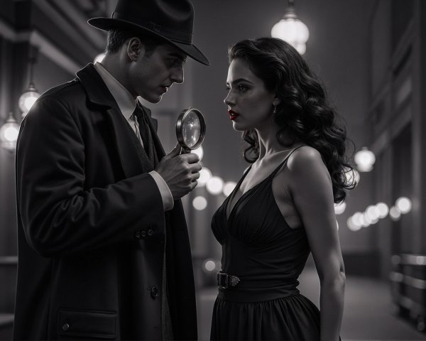 Noir Scene of Intrigue Between Two Elegantly Dressed Figures