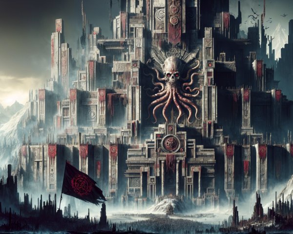 Ancient Fortress with Intricate Carvings and Dark Vibes
