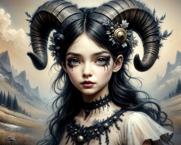 Mystical Girl with Ram Horns in Dreamy Landscape