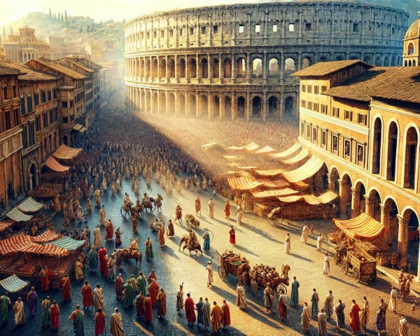 Ancient Roman Marketplace with Colosseum Background
