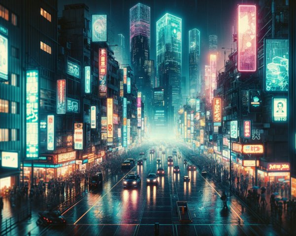 Futuristic Night Cityscape with Neon Lights and Holograms