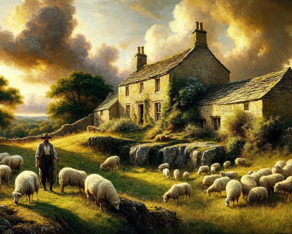 Tranquil Rural Scene with Cottage and Grazing Sheep