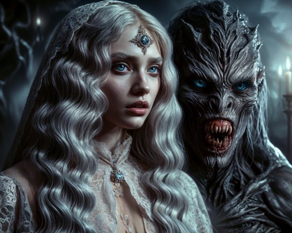 Beautiful Woman and Menacing Creature in Dark Setting