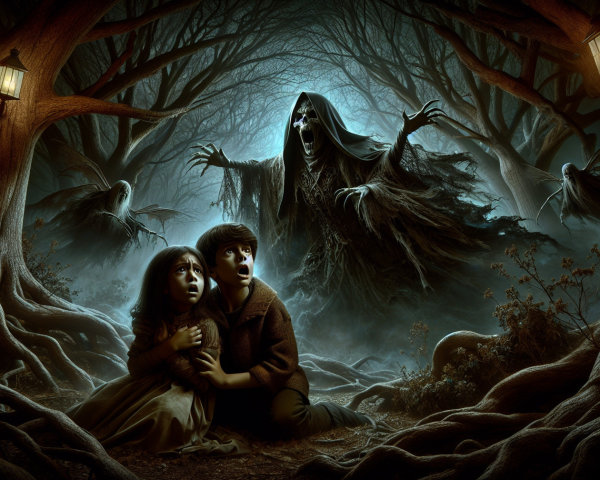 Eerie Forest Scene with Frightened Children and Shadows