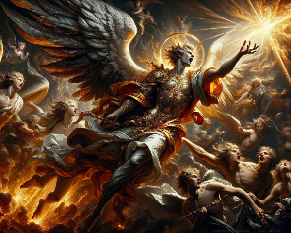 Majestic Angel in Ornate Armor Amidst Celestial Battle