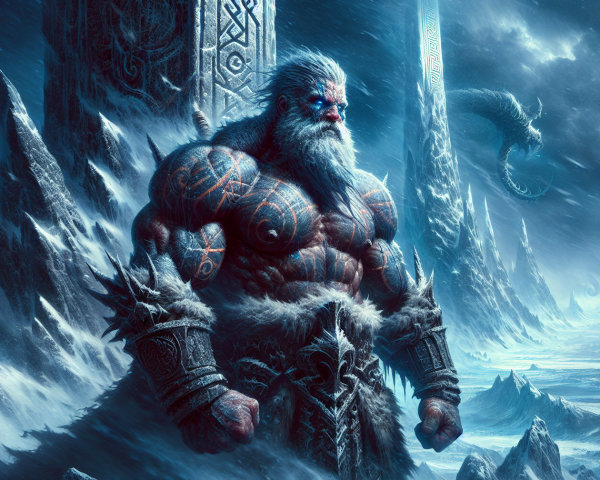 Muscular Figure in Frozen Landscape with Dragon and Mountains