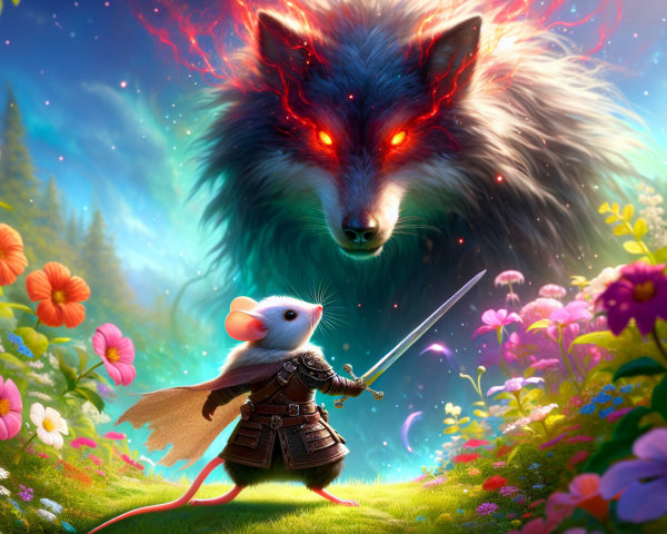 Courageous Mouse Faces Majestic Wolf in Enchanted Forest