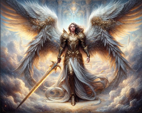 Majestic angelic figure with detailed wings and sword