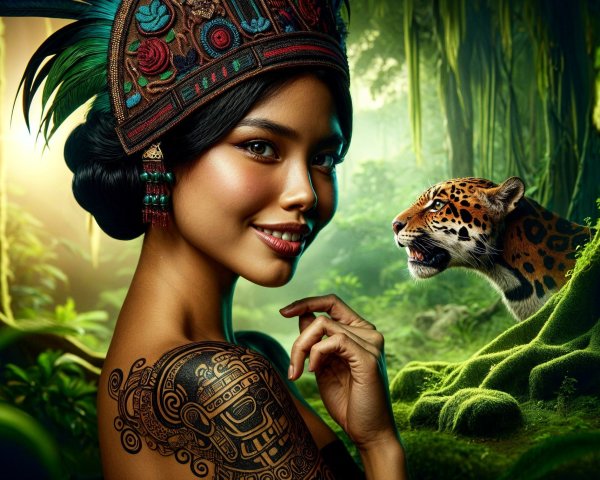 Woman in Traditional Attire with Jaguar in Jungle Setting