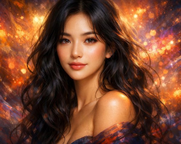 Young woman with long black hair in vibrant backdrop