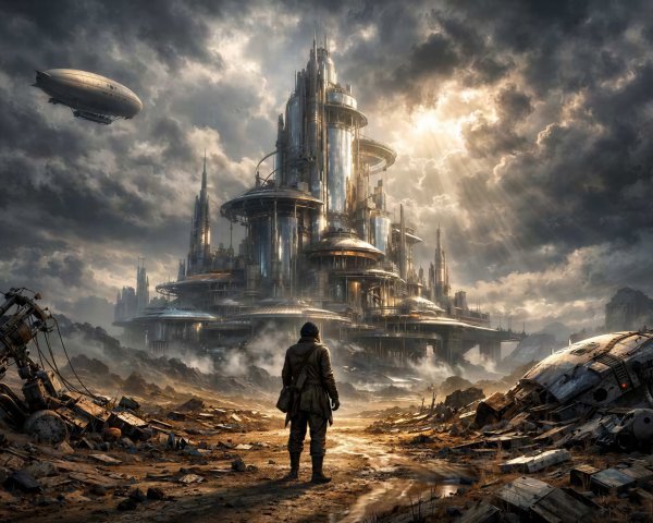 Adventurer gazing at futuristic city by the sea