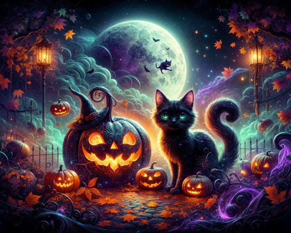Mystical Halloween Scene with Black Cat and Pumpkins