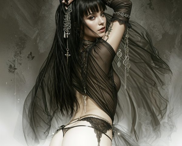 Mysterious Figure in Sheer Black Fabric and Jewelry