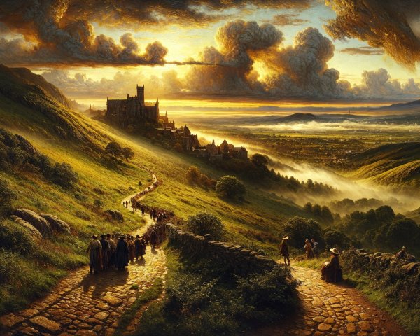 Serene Landscape with Rolling Hills and Medieval Village